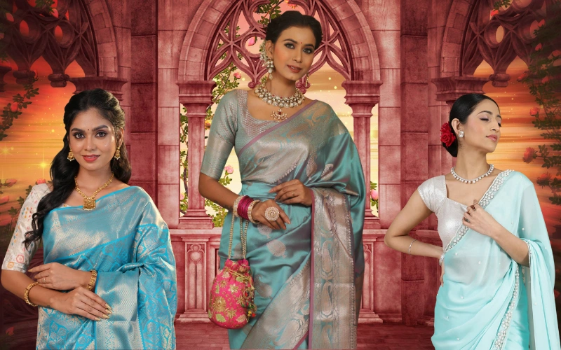 Sky Blue Saree Matching Jewellery Ideas for Weddings, Parties and Festivals sky blue saree matching jewellery