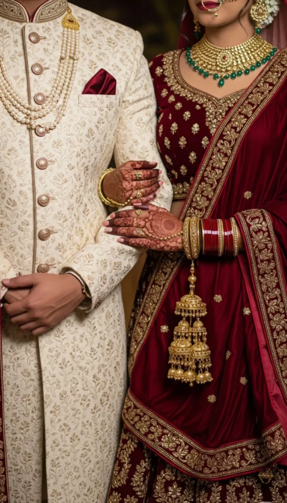 indian wedding matching bride and groom dress colour combination