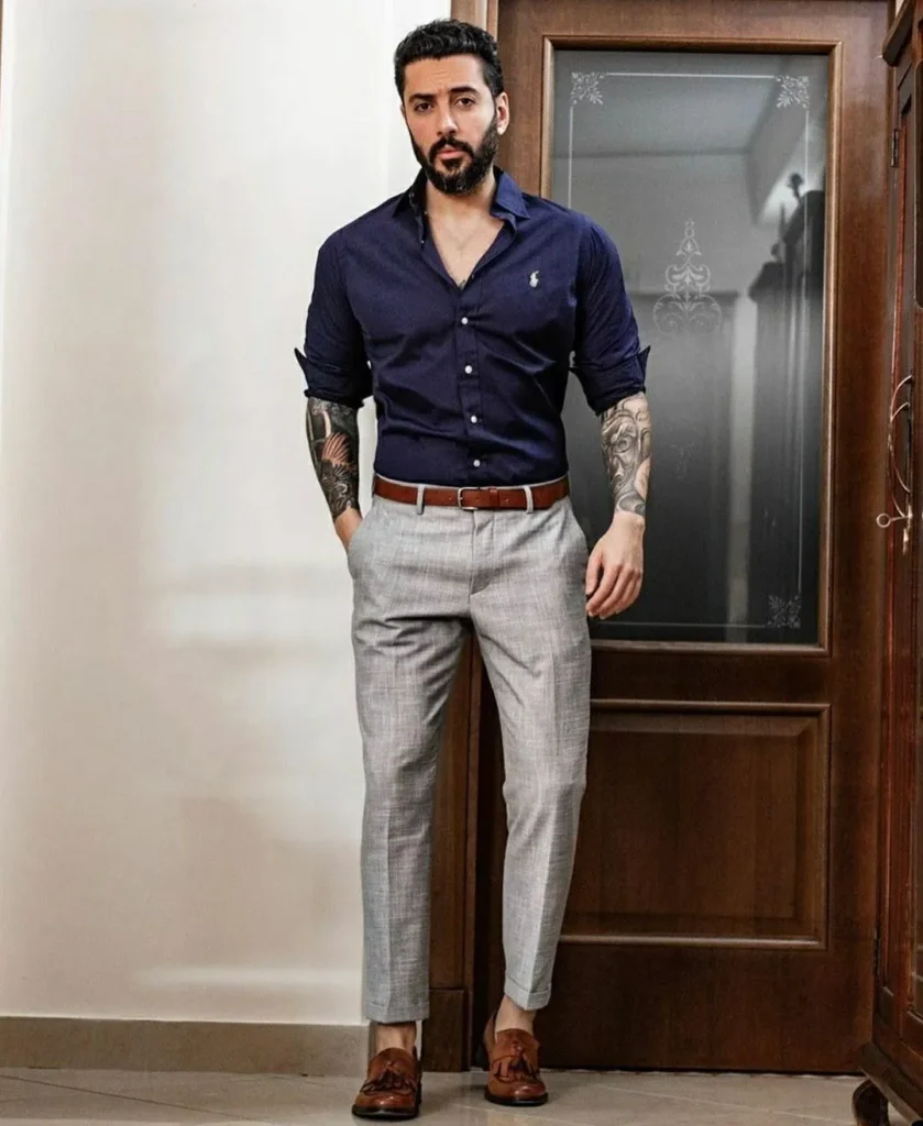 grey pant shirt combination