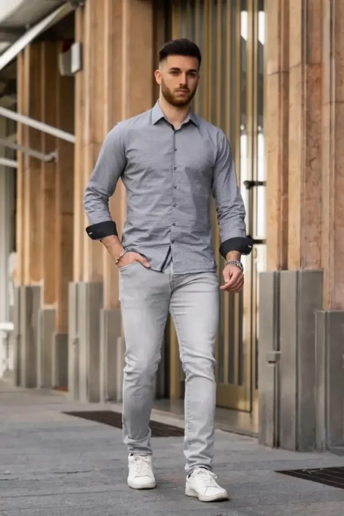 grey pant shirt combination