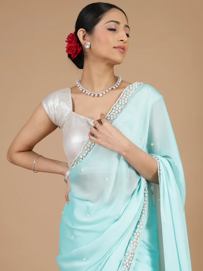 sky blue saree matching jewellery