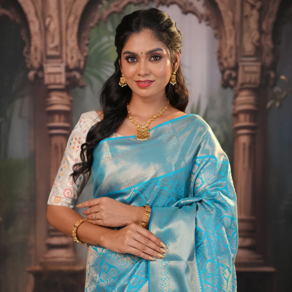 sky blue saree matching jewellery
