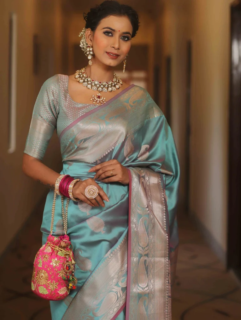 sky blue saree matching jewellery