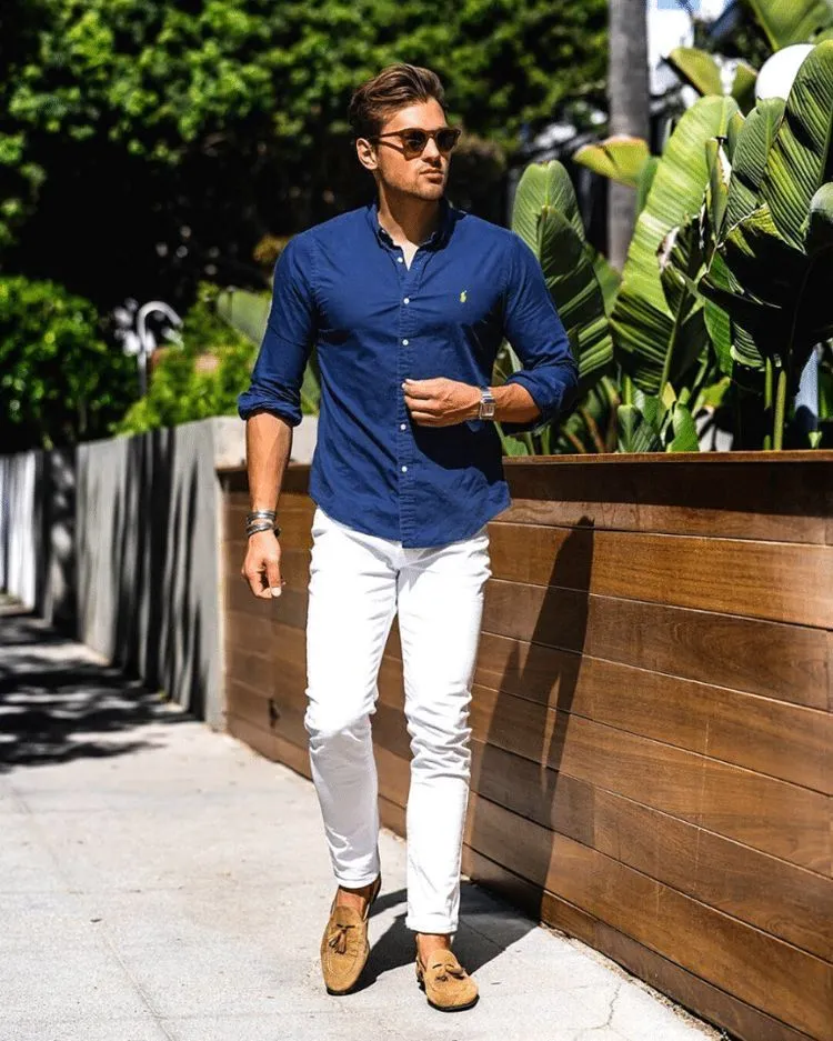 casual white pant combination shirt